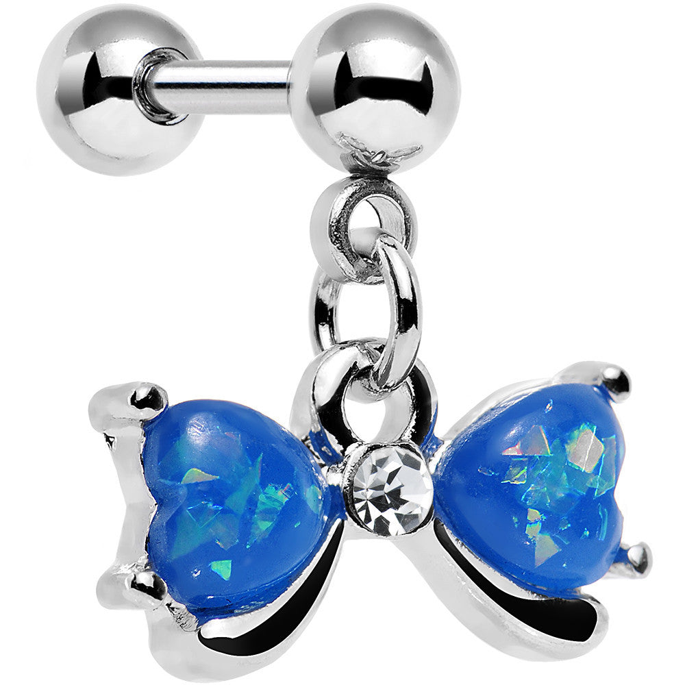 16G 1/4 Blue Faux Opal Heart Bow Dangle Cartilage Earring
