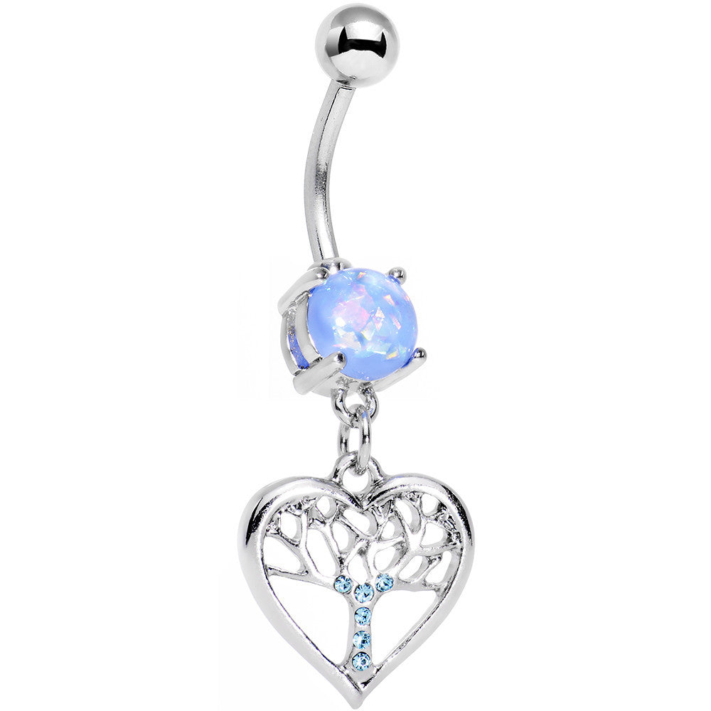 Light Blue Faux Opal Aqua Gem Tree of Life Heart Dangle Belly Ring