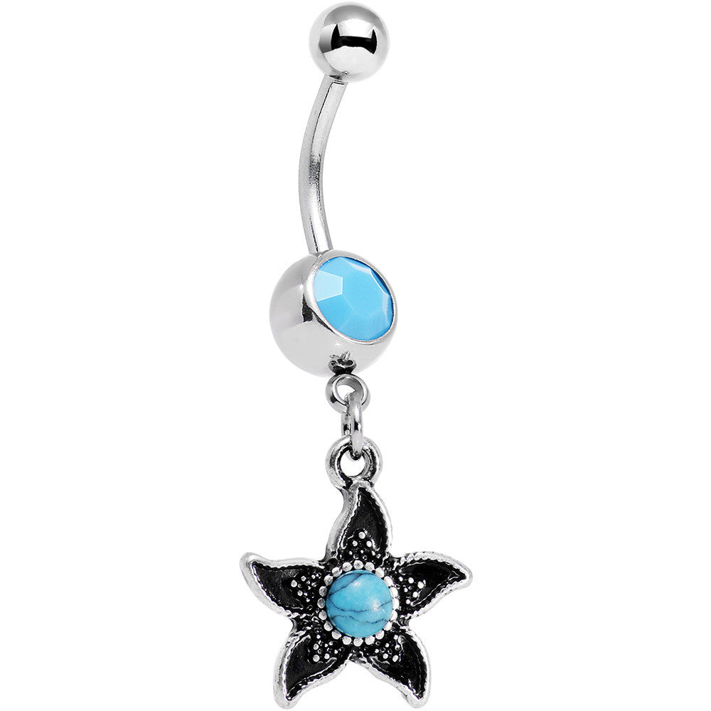 Faux Turquoise Southwest Desert Flower Dangle Belly Ring