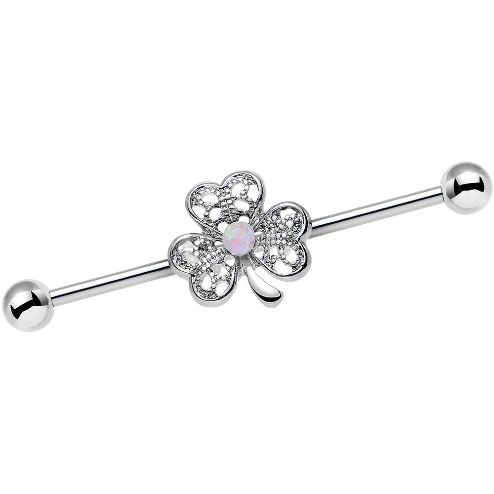 14G White Faux Opal Fancy Shamrock Industrial Barbell 38mm