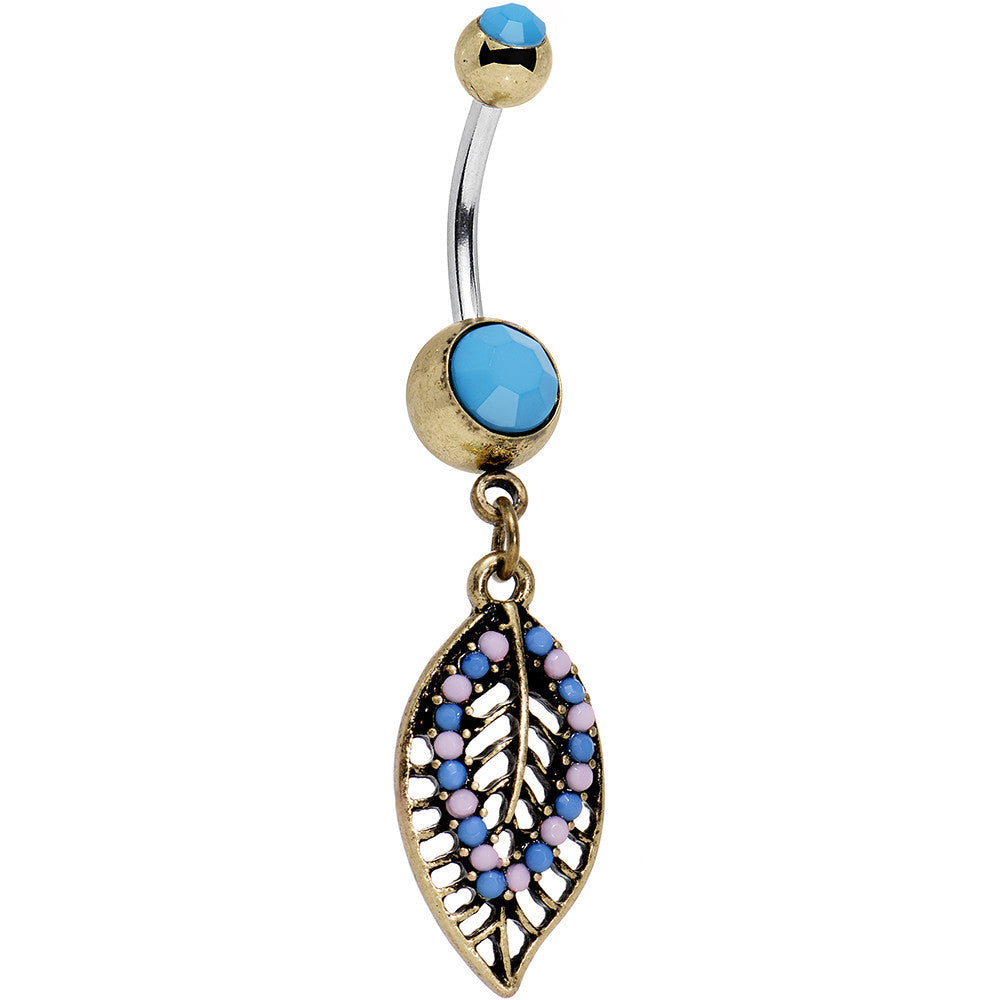 Faux Turquoise Pink and Blue Bead Latticework Leaf Dangle Belly Ring