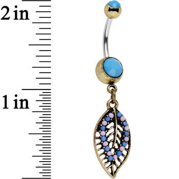 Faux Turquoise Pink and Blue Bead Latticework Leaf Dangle Belly Ring