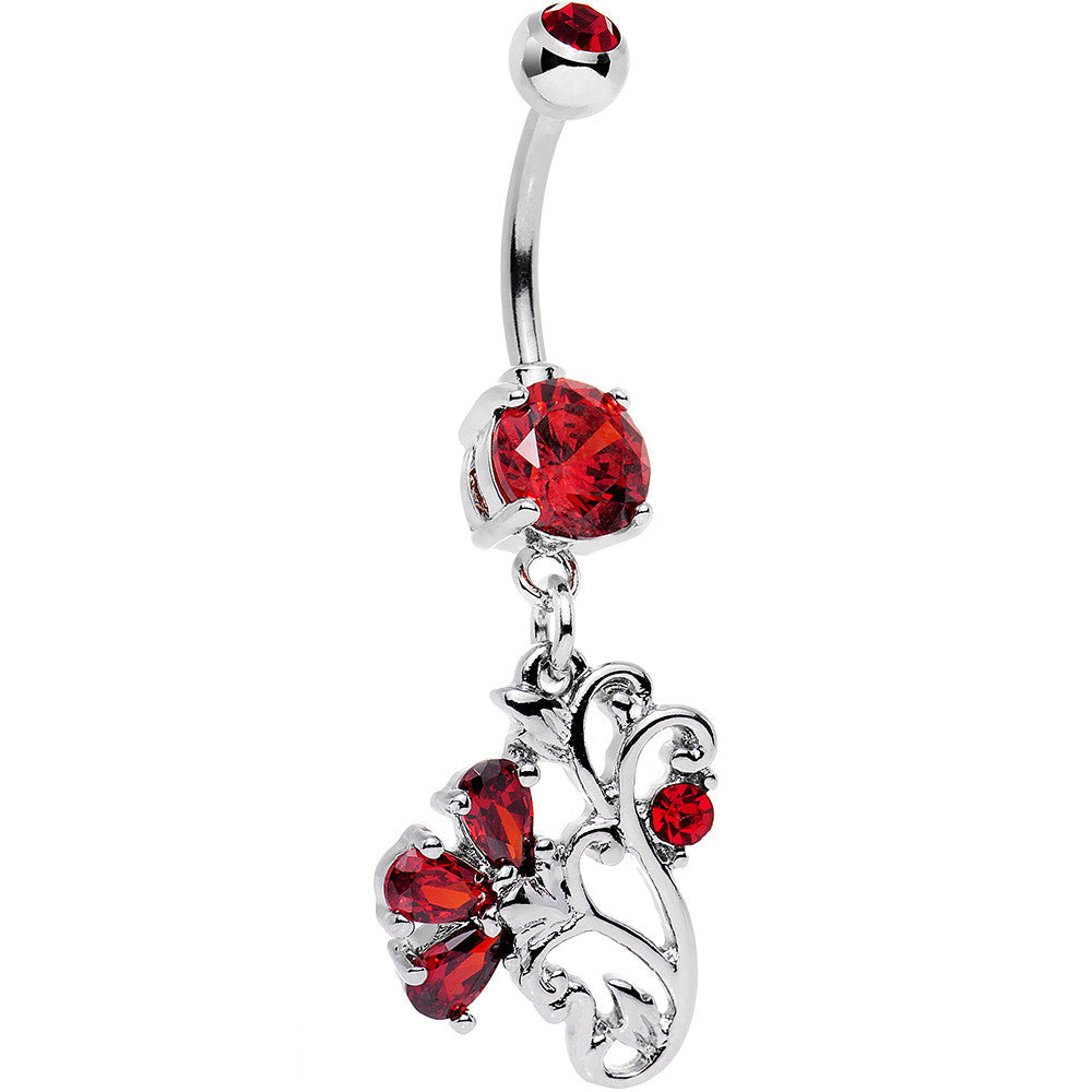 Red Gem Flattery with Flowers Dangle Belly Ring
