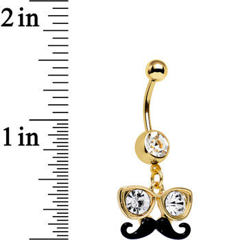 Clear Gem Gold PVD Disguise Mr. Mustache Dangle Belly Ring