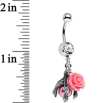 Clear Gem Pink Orb Dalliance in Rose Flower Dangle Belly Ring