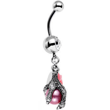 Clear Gem Pink Orb Dalliance in Rose Flower Dangle Belly Ring