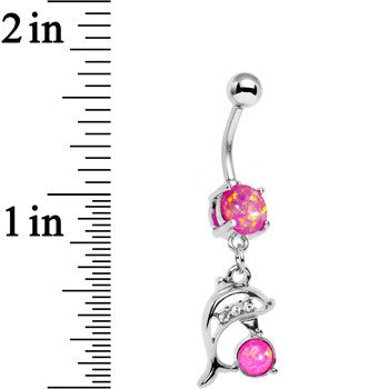 Pink Faux Opal Diving Dolphin Dangle Belly Ring