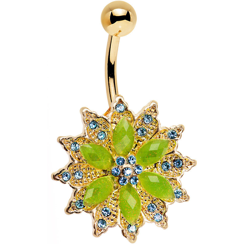 Green Aqua Gem Gold Anodized Starbust Power Flower Belly Ring