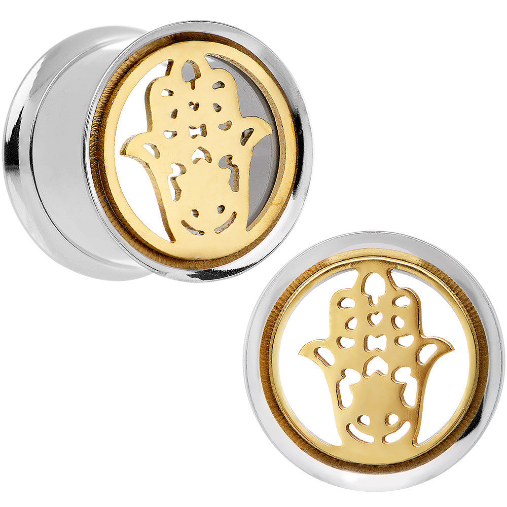 9/16 Steel Sunlit Hamsa Hand Screw Fit Tunnel Plug Set