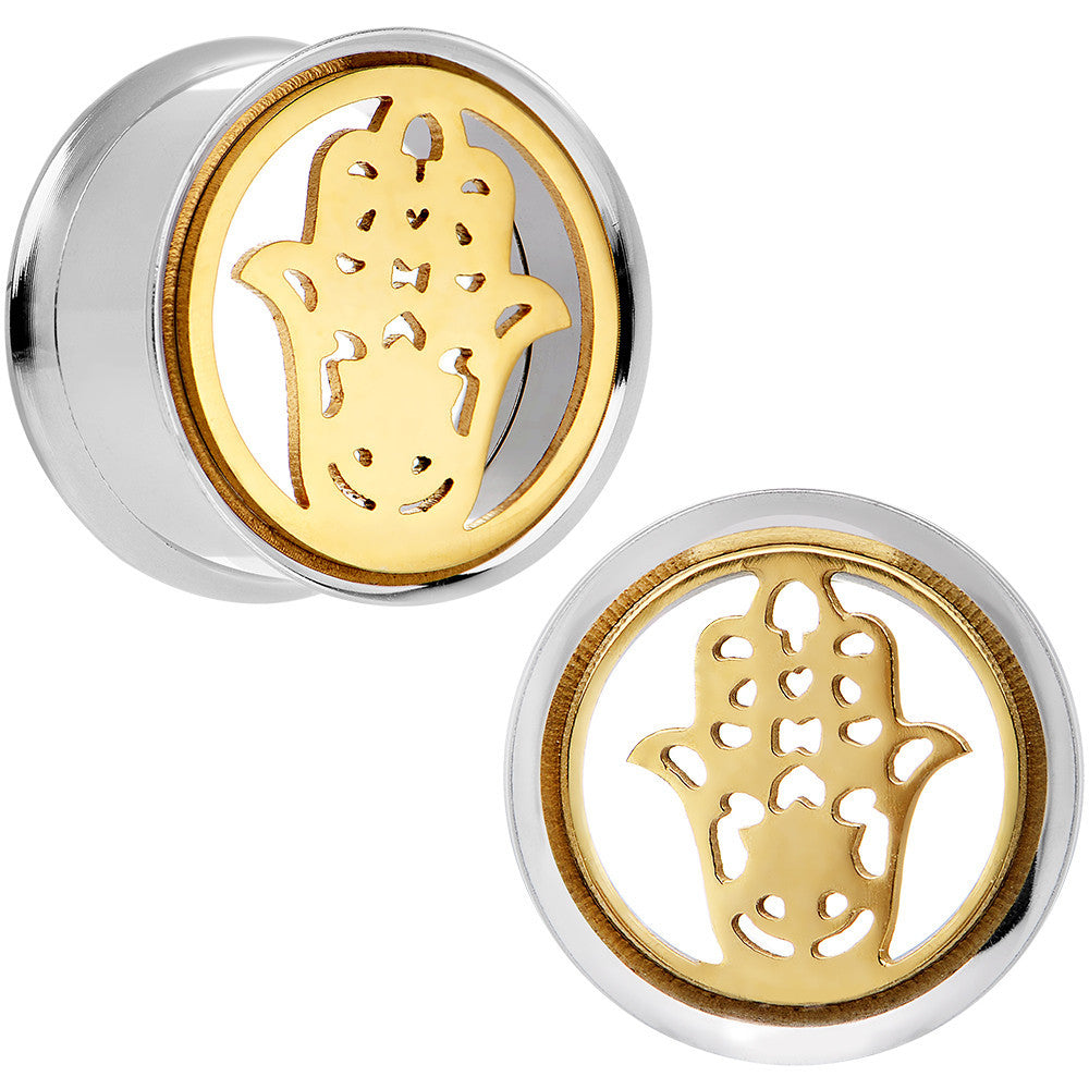 3/4 Steel Sunlit Hamsa Hand Screw Fit Tunnel Plug Set