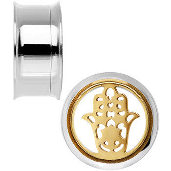 7/8 Steel Sunlit Hamsa Hand Screw Fit Tunnel Plug Set