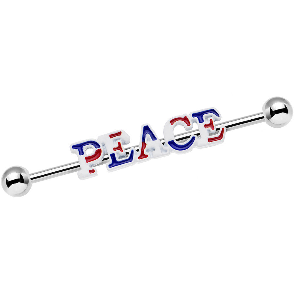 14G Red White and Blue Text Peace Industrial Barbell 38mm