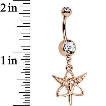Clear Gem Rose Gold Anodized Heralds Staff Trinity Dangle Belly Ring