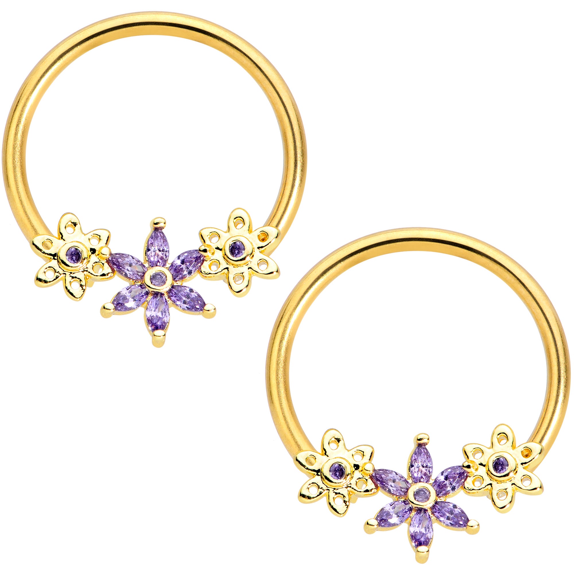 14G 5/8 Purple CZ Gold Anodized Daisy Flower BCR Nipple Ring Set