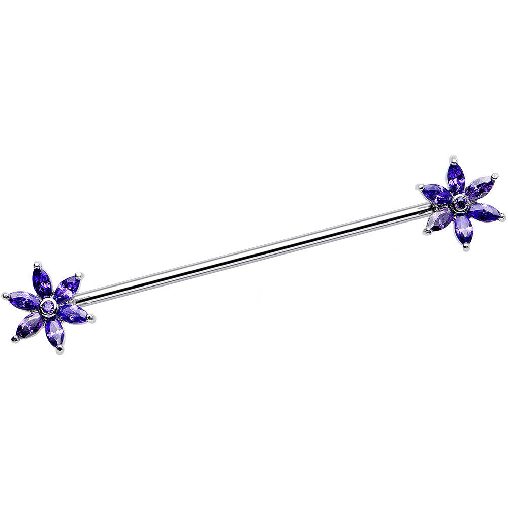 14G Purple CZ Pimpernel Flower Ends Industrial Barbell 40mm