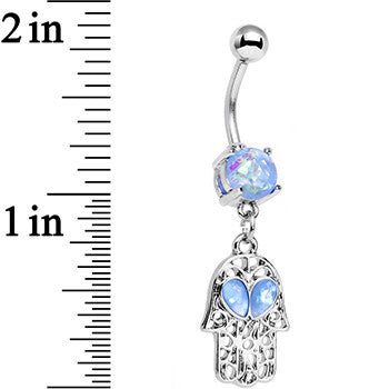 Light Blue Faux Opal Hamsa Hand and Heart Dangle Belly Ring