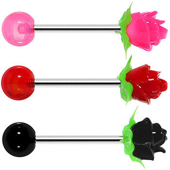 Pink Red Black Romantic Rose Flower Steel Barbell Tongue Ring 3 Pack Set