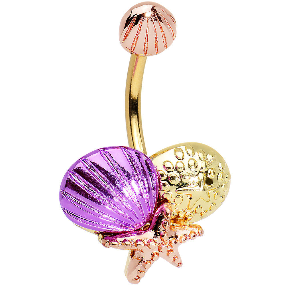 Gold PVD Multicolor Starfish Sea Shell Double Mount Belly Ring