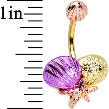 Gold PVD Multicolor Starfish Sea Shell Double Mount Belly Ring
