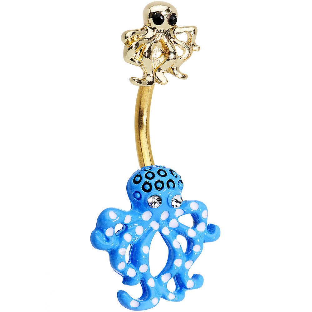 Clear Black Gem Gold PVD Gold and Blue Octopus Double Mount Belly Ring