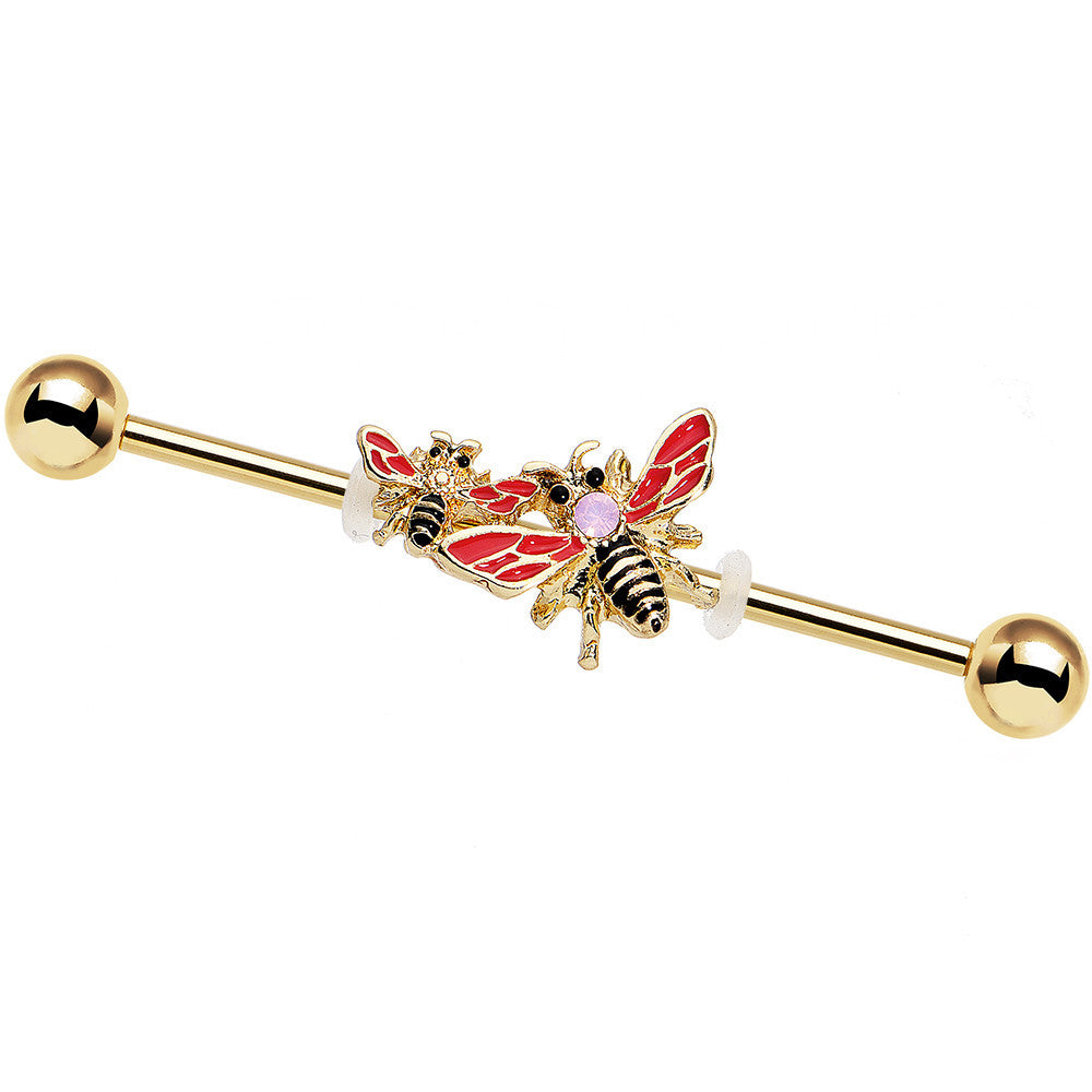 14G Pink Faux Opal Gold PVD Bumblebee Industrial Barbell 38mm