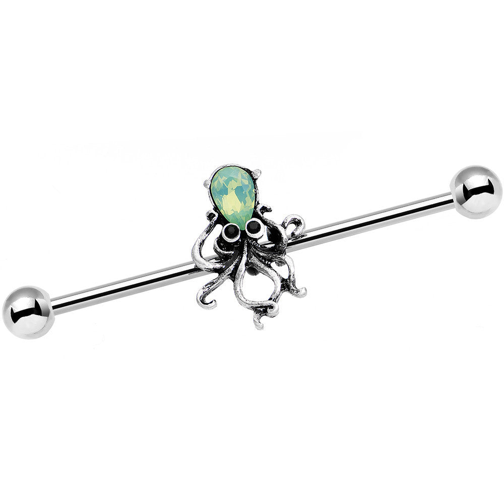 14G Green Faux Opal Thoughtful Octopus Industrial Barbell 38mm