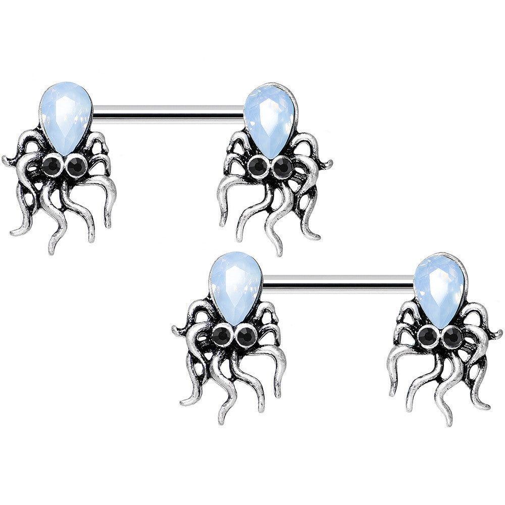 14G 9/16 Light Blue Faux Opal Whimsical Octopus Nipple Ring Set