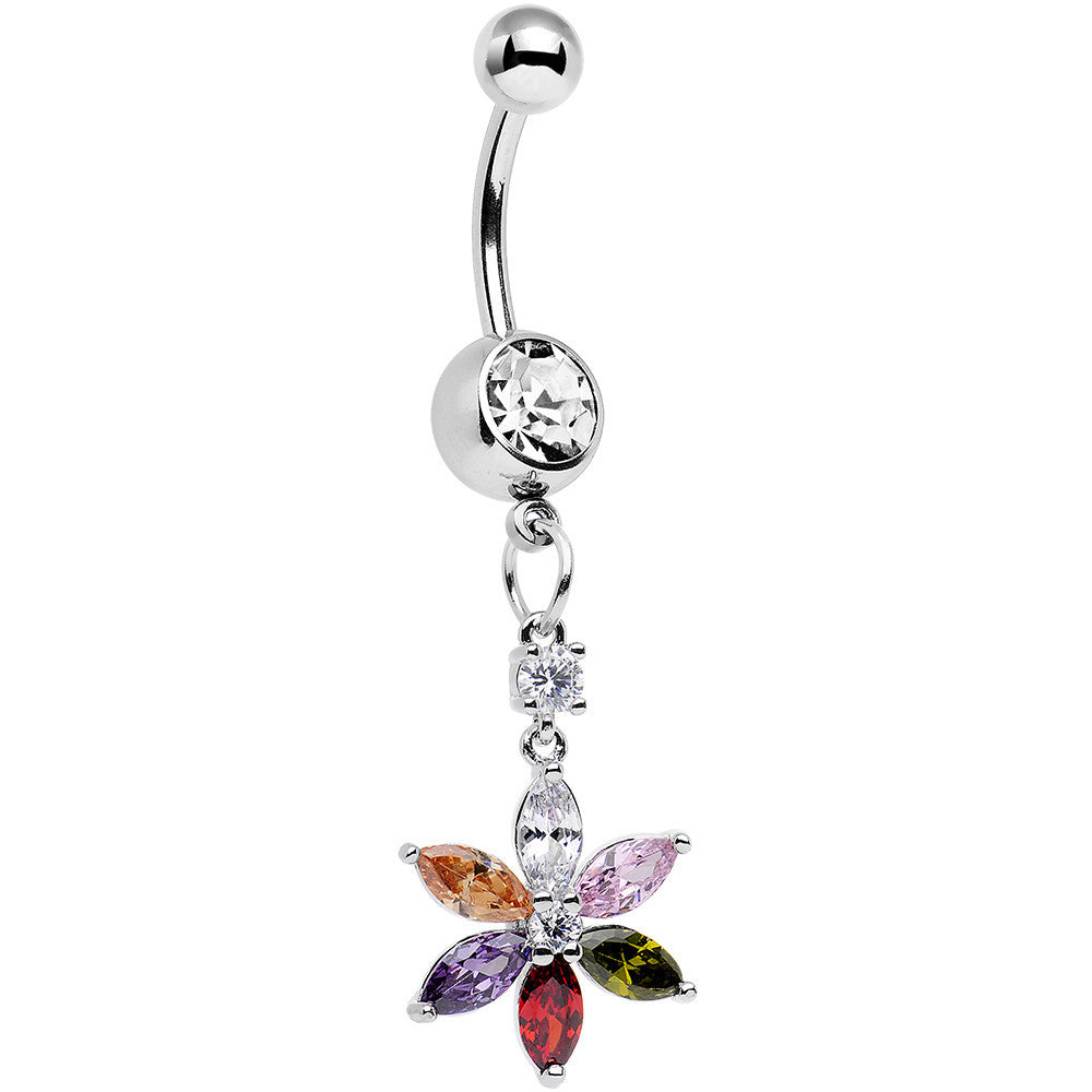 Clear Multicolor Gem Falling Flower Dangle Belly Ring