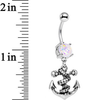 White Faux Opal Pirate Skull Nautical Anchor Dangle Belly Ring