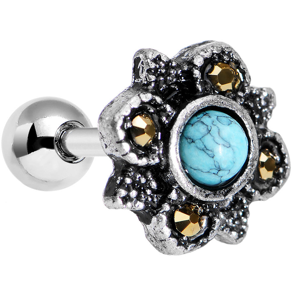 16G 1/4 Faux Turquoise Bohemian Flower Tragus Cartilage Earring