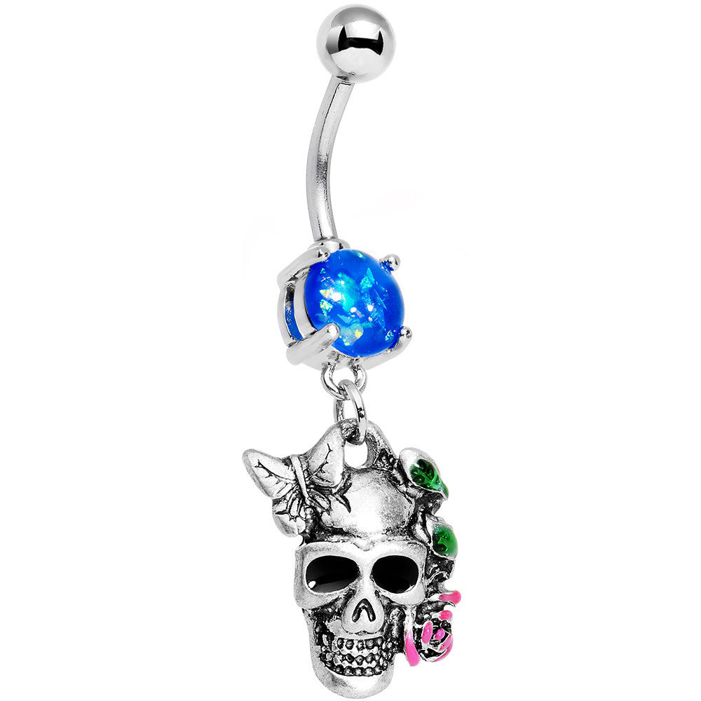 Blue Faux Opal Beautiful Butterfly Rose Flower Skull Dangle Belly Ring