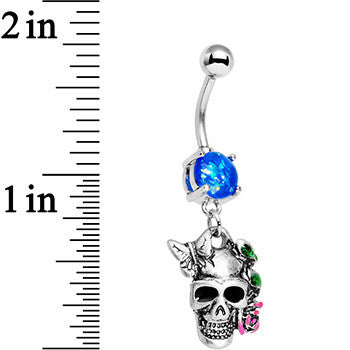 Blue Faux Opal Beautiful Butterfly Rose Flower Skull Dangle Belly Ring