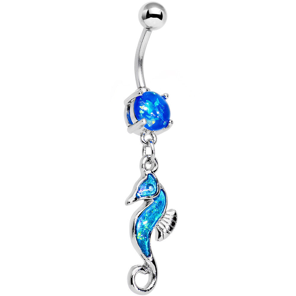 Blue Faux Opal See You Later Seahorse Dangle Belly Ring