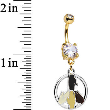 Clear Gem Gold PVD All Hands in For Peace Sign Dangle Belly Ring