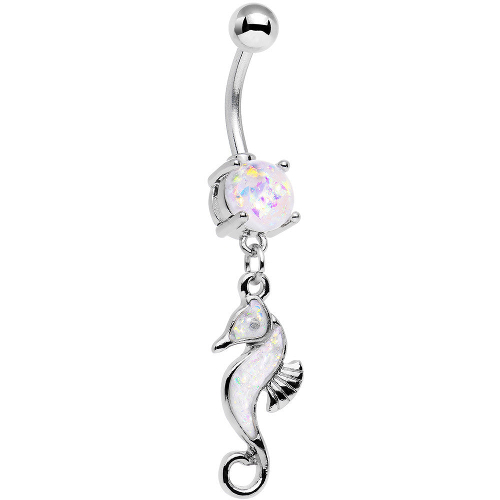 White Faux Opal See You Later Seahorse Dangle Belly Ring