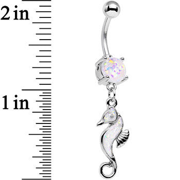 White Faux Opal See You Later Seahorse Dangle Belly Ring