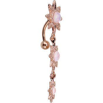 White Faux Opal Rose Gold Plated Flower Top Mount Dangle Belly Ring