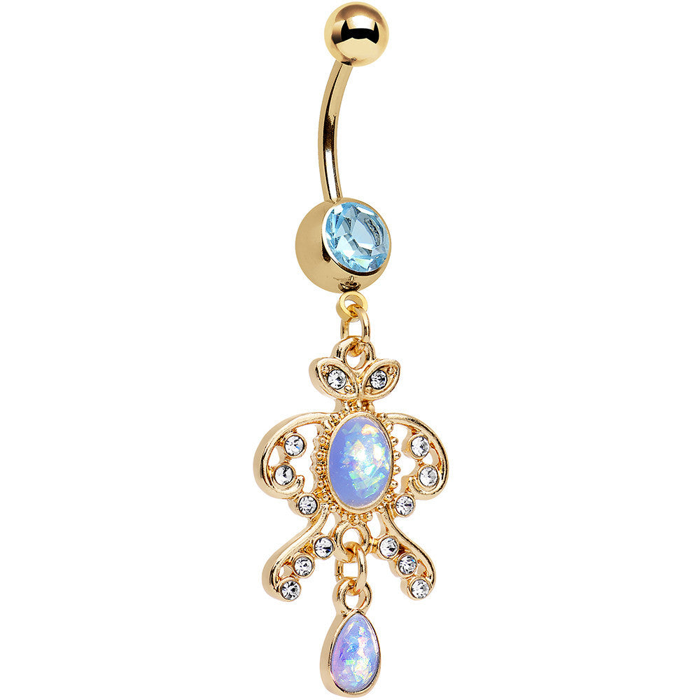 Light Blue Faux Opal Gold Anodized Victorian Fancy Dangle Belly Ring