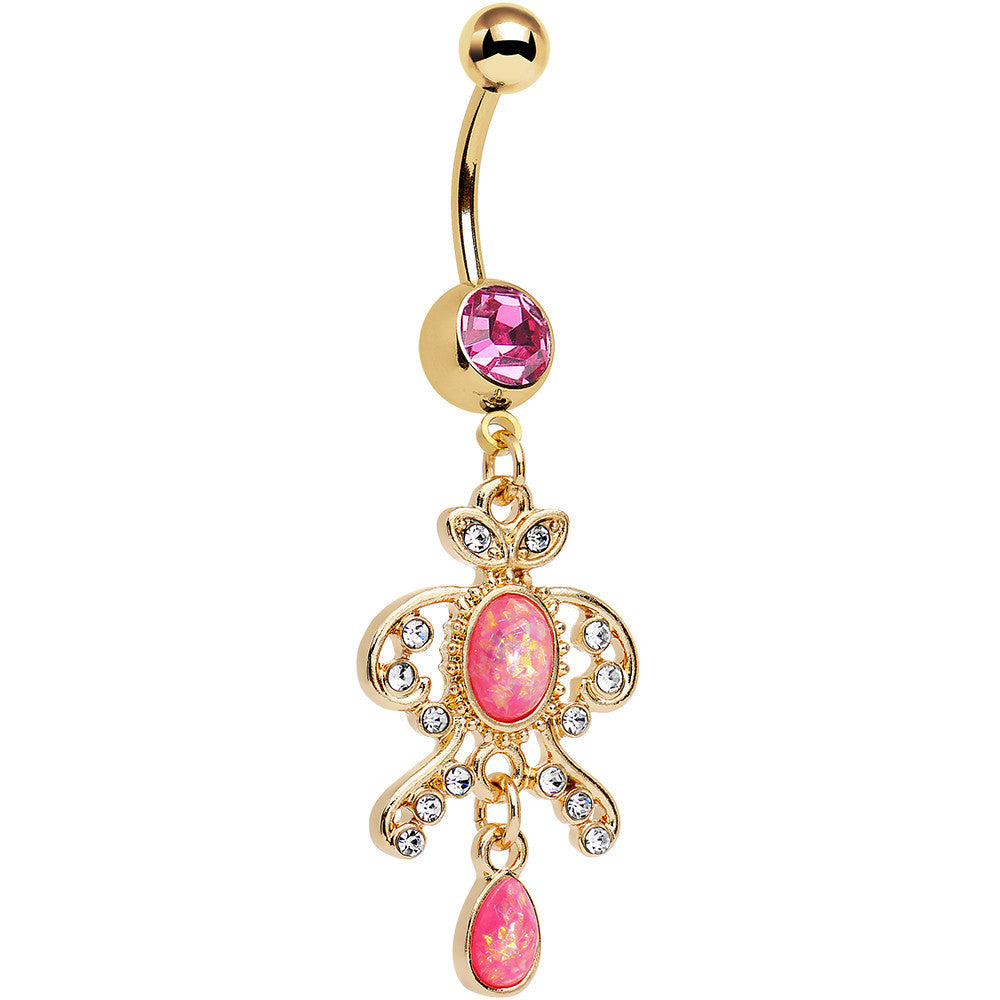 Pink Faux Opal Gold Anodized Victorian Fancy Dangle Belly Ring