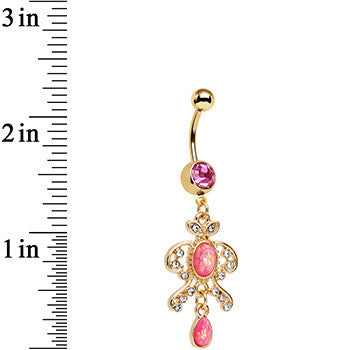 Pink Faux Opal Gold Anodized Victorian Fancy Dangle Belly Ring