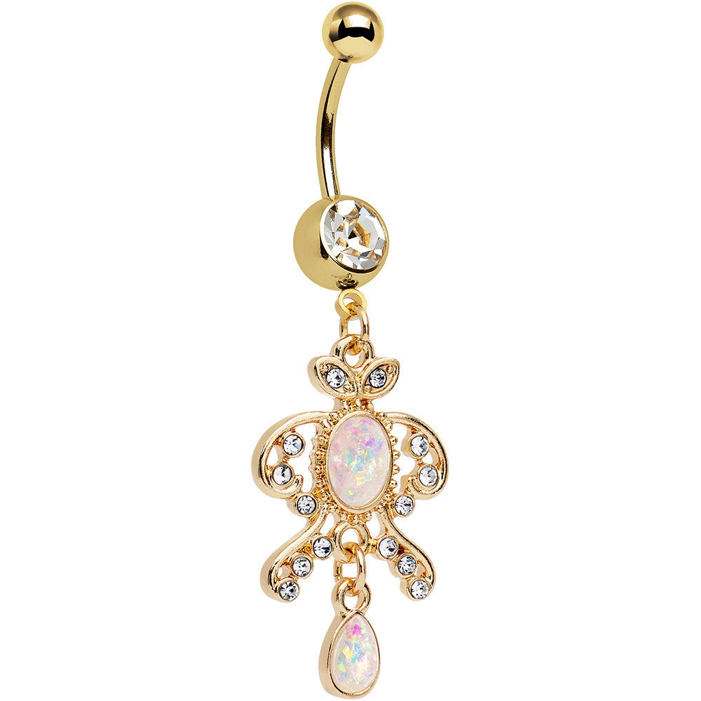 White Faux Opal Gold Anodized Victorian Fancy Dangle Belly Ring