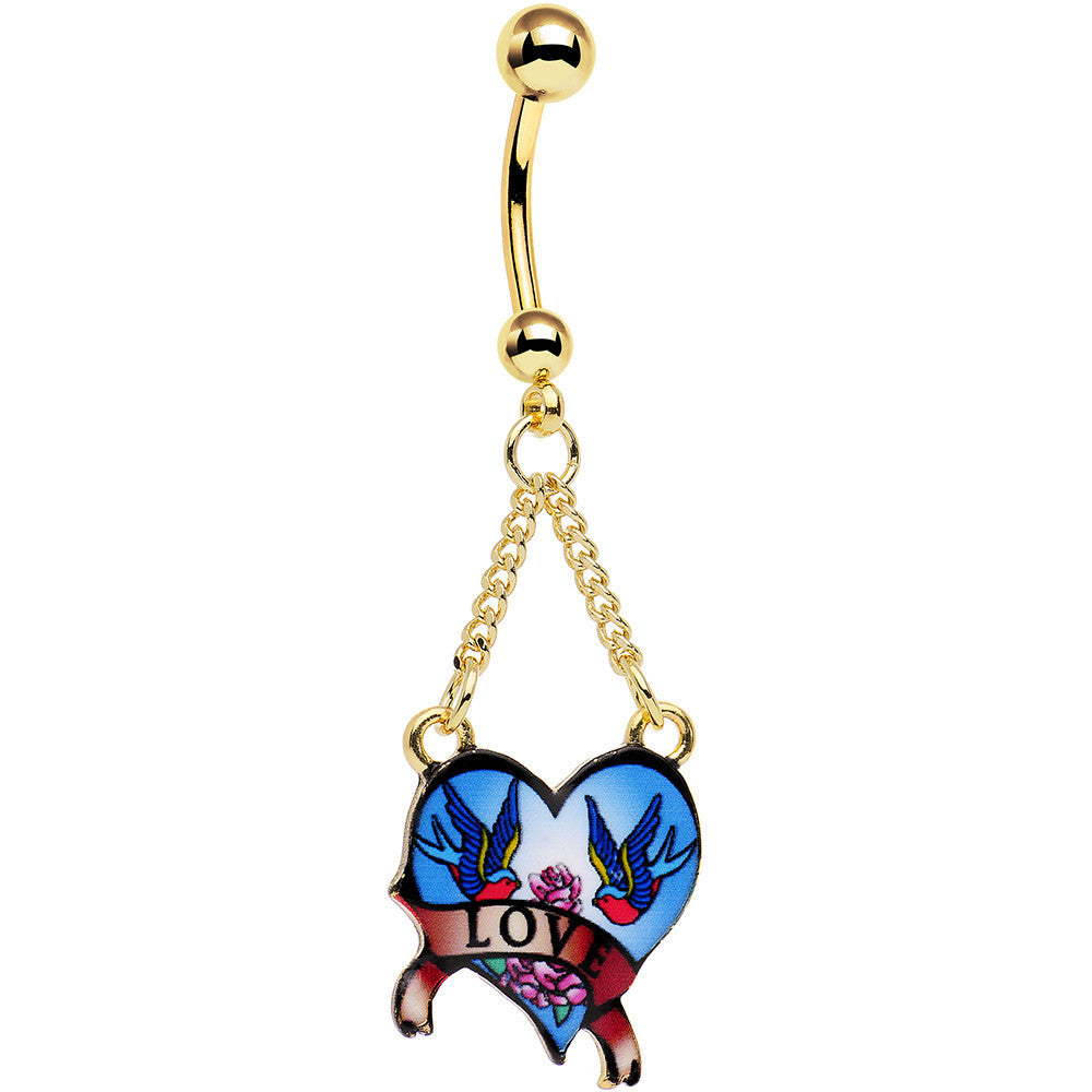 Gold Anodized Steel Blue Tattoo Flash Love Heart Dangle Belly Ring