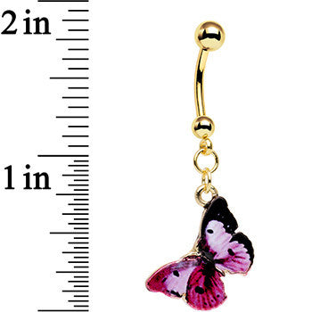 Gold Anodized Steel Pink and Black Butterfly Dangle Belly Ring