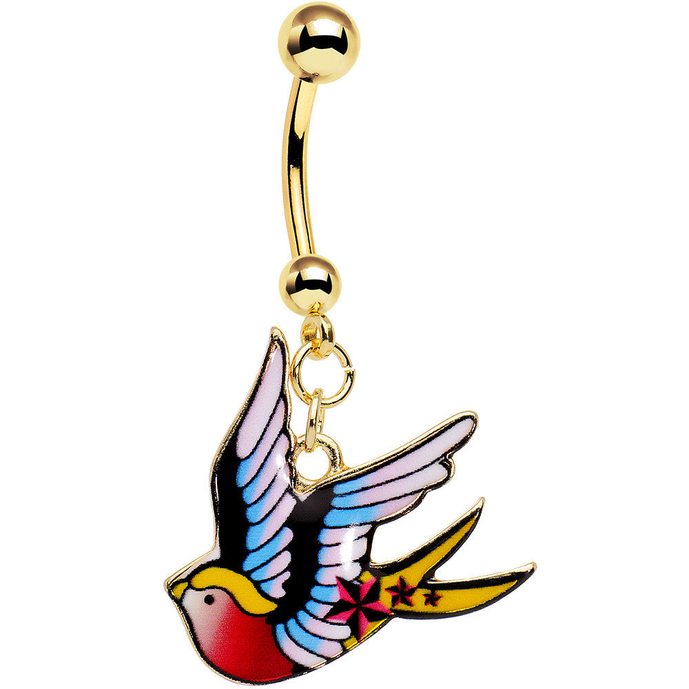 Gold Anodized Steel Tattoo Flash Sparrow Bird Dangle Belly Ring