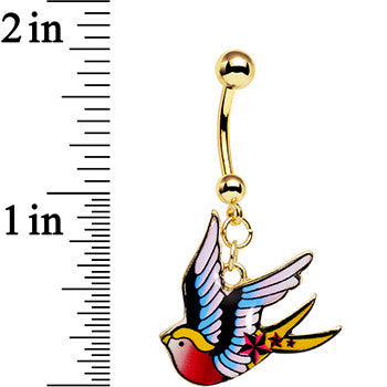 Gold Anodized Steel Tattoo Flash Sparrow Bird Dangle Belly Ring