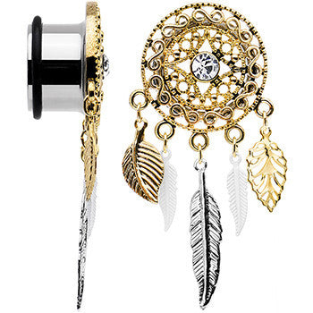 5/8 Clear Gem Ornate Gold Disc Leaf Feather Dangle Plug Set