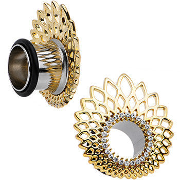 1/2 Clear Gem Golden Gala Feather Single Flare Tunnel Plug Set