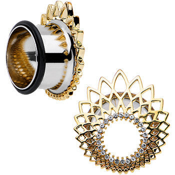 18mm Clear Gem Golden Gala Feather Single Flare Tunnel Plug Set