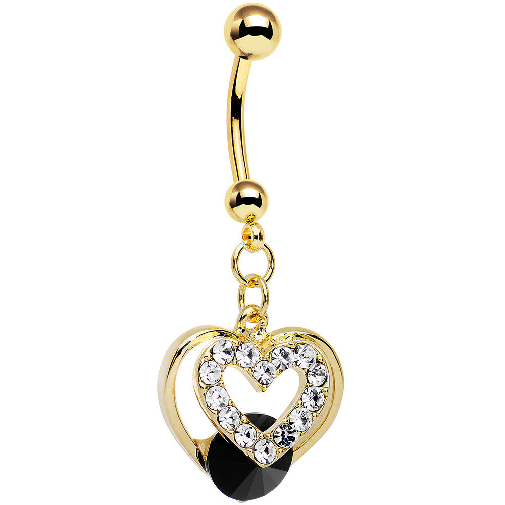Clear Black Gem Gold Anodized Steel Show Your Heart Dangle Belly Ring