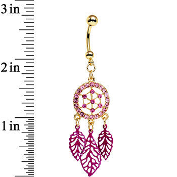 Pink Gem Gold Anodized Steel Dream Leaf Dangle Belly Ring